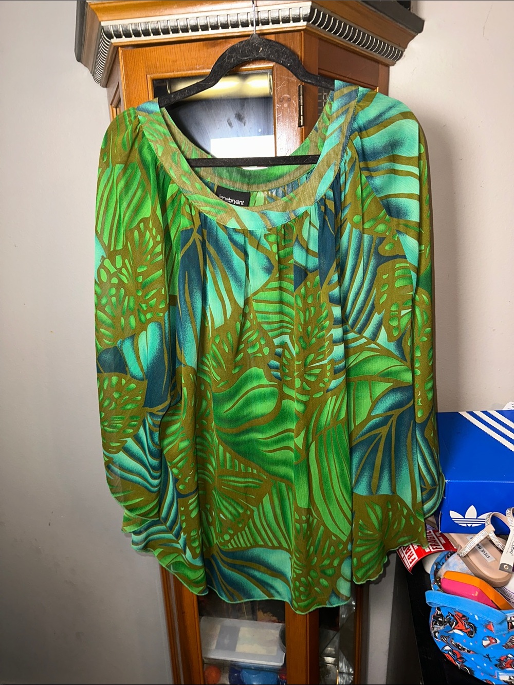 Lane Bryant Green & Teal Tropical Print Peasant Blouse